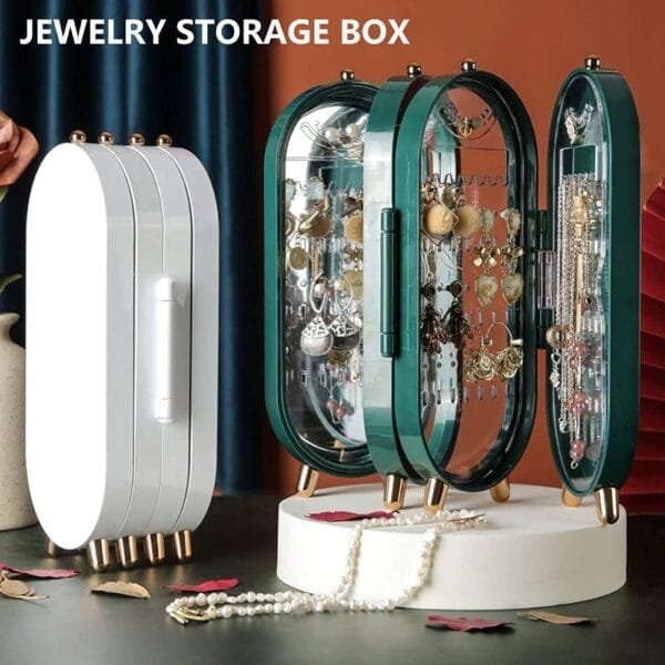 Jewellery Box Organiser with Mirror - Foldable Exquisite Dustproof Jewelry Storage Case Multi-Function Screen Shaped Metal Display Jewelry Stand for Earring - Necklace & Bracelet (Random Color)